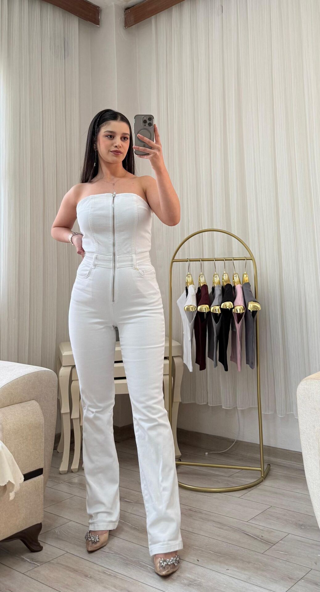 Straplez Önü Fermuar Detaylı Denim Tulum