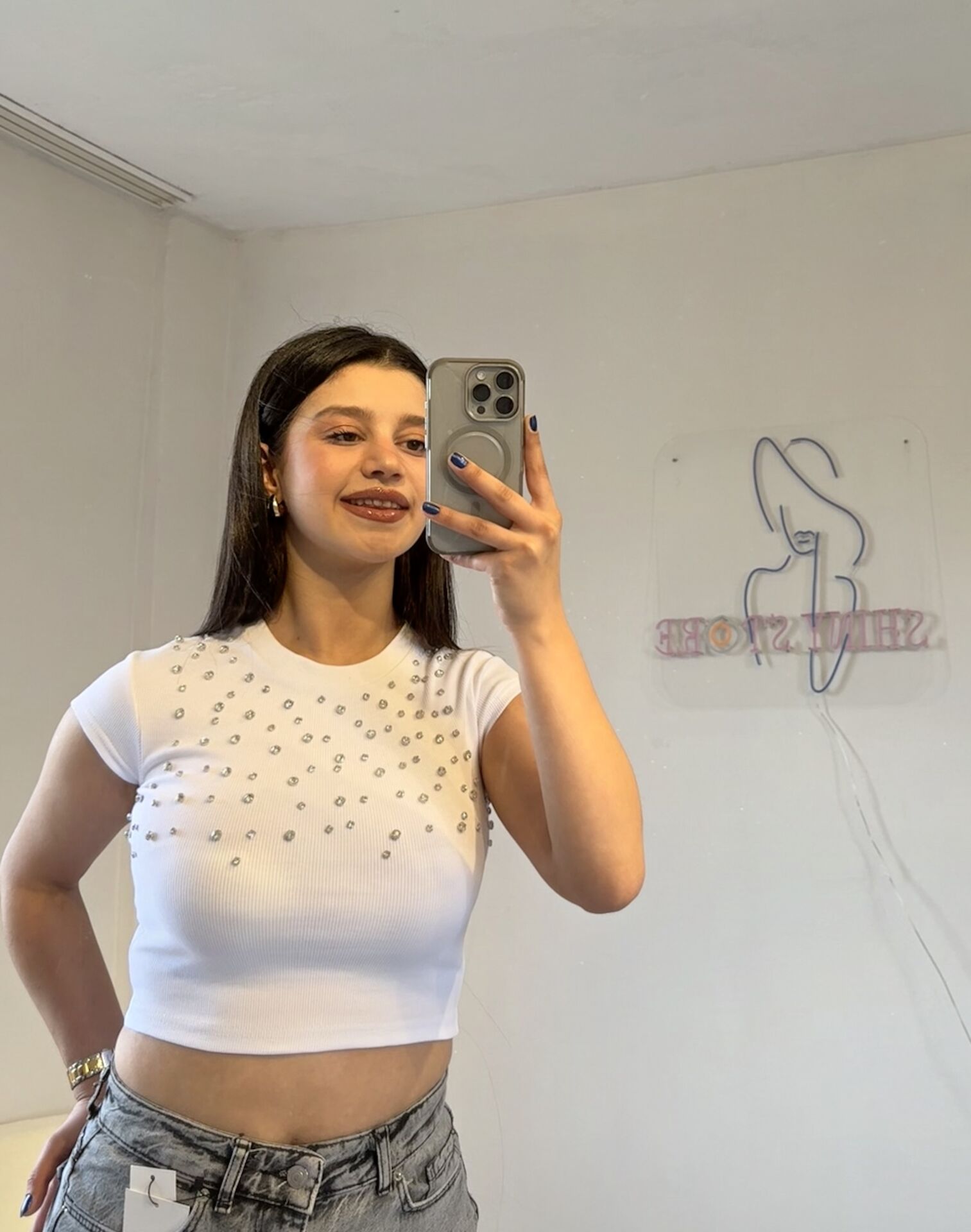 Taşlı Beyaz Crop Top