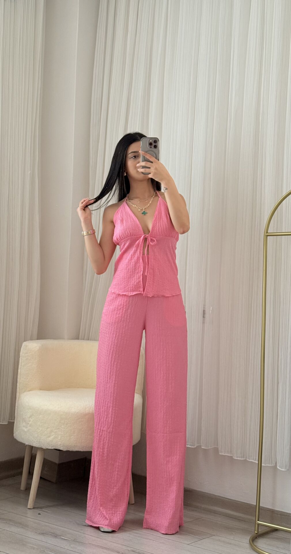 Önden Bağlamalı Detaylı Pembe Bürümcek Takım